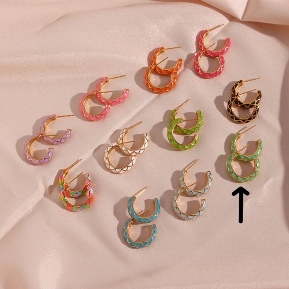 Mint Green Geometric Pattern Hoop Earrings 18K Gold Plated Stainless - Picture 7 of 8